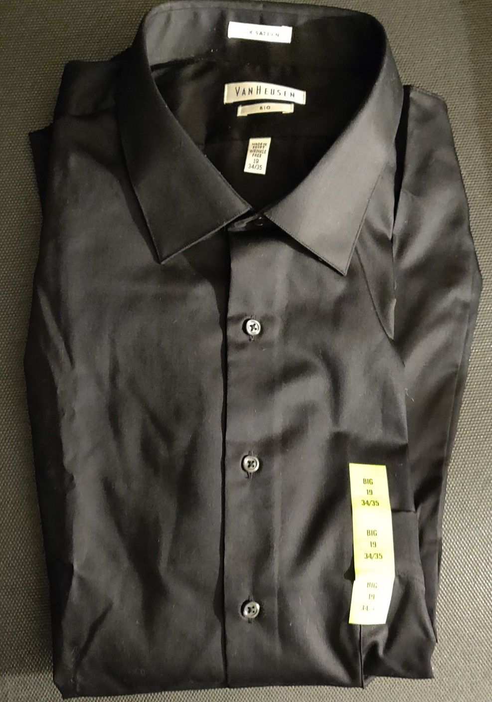 Shirt-Men's NWT Van Heusen Big-Fit Lux Sateen Black Dress Shirt size 19-35