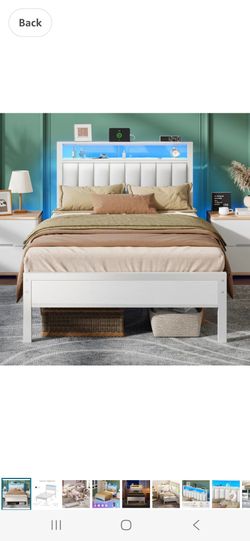 Furnulem White Twin Bed Frames with PU Upholstered Headboard & LED Lights
Metal Platform Bed with Charging Station, 2-tier Storage Shelves, Noise Free