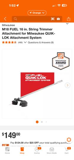 Milwaukee M18 FUEL 16 in. String Trimmer Attachment for Milwaukee QUIK-LOK Attachment System$95