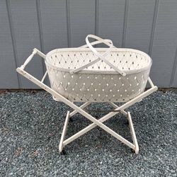 Vintage Hawkeye Woven Wicker Basket Bassinet With Handles And Wood Rolling Foldable Plant Stand Decor