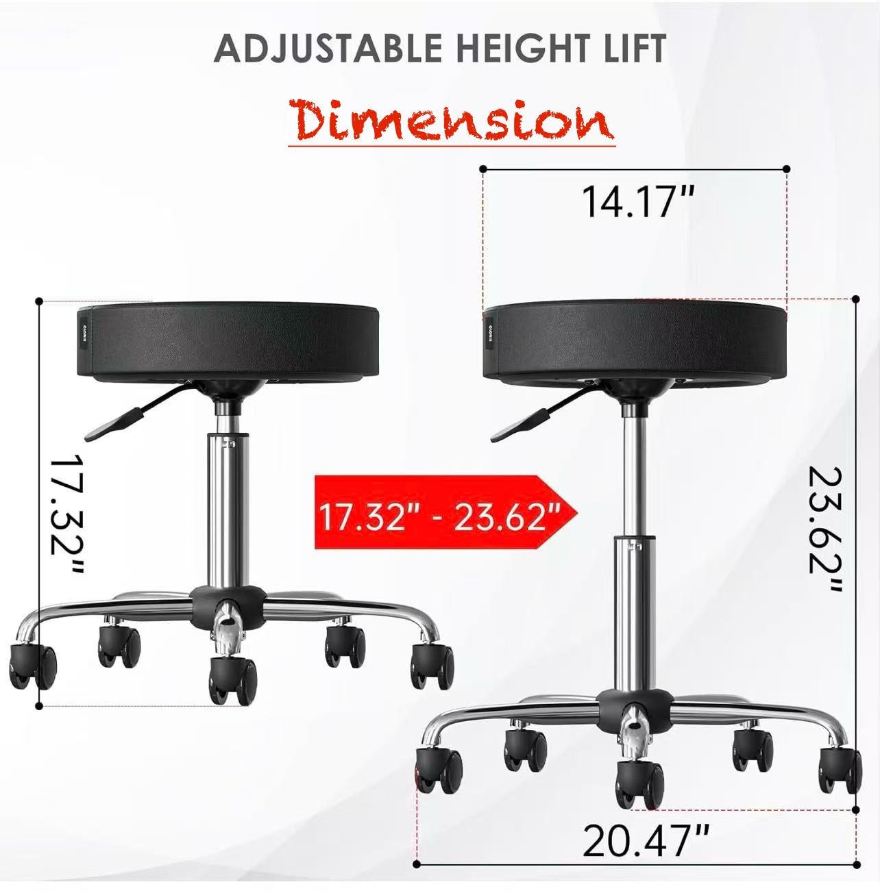 ✌️ Round Rolling Stool Height Adjustable Swivel Chair Metal Feet with Wheels for Spa, Massage, Salon, Home, Office, Medical, Tatoo, Bar Black