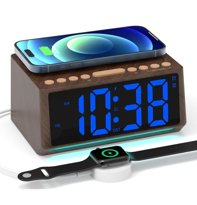Retro Digital Alarm Clocks for Bedrooms with Large Numbers, Desk Clock with Wireless Charging Station, 7 Mood Lights, Dimmer, Snooze, 12/24H, Loud Ala