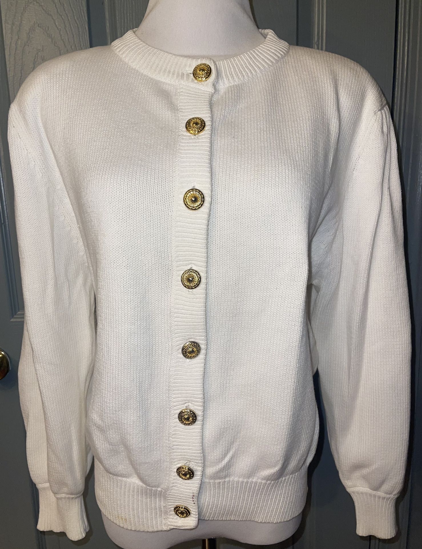 Nordstrom Town Square Vintage 90s 100%Cotton Gold Buttons White Cardigan Sweater.