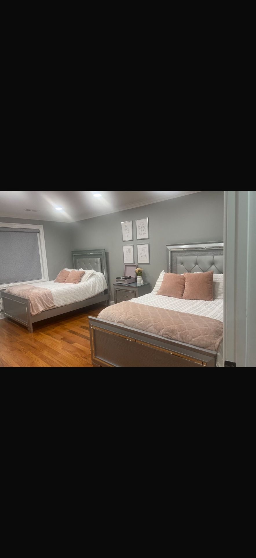 Bedroom Set-Two Full Beds, Vanity With Chair, Nightstand With Custom Glass Top