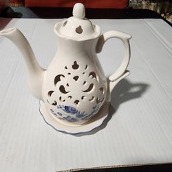 Ceramic Teapot Shaped Candle Holder White With Blue Flowers With Plate Vintage