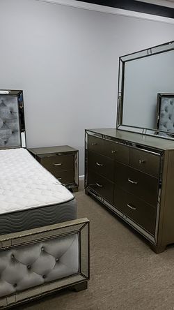 Queen set includes queen bed, dresser mirror and nightstand