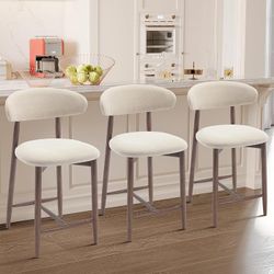 COLAMY Counter Height Bar Stools Set of 3, Upholstered Barstools with Back, Mid Century Modern Stools with Wood Legs for Kitchen Island Dining Room, B