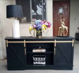 Sideboard/Buffet/Media Console- Shelves with Sliding Doors-Black with Gold