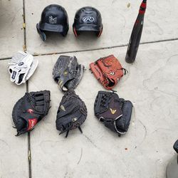 6 Baseball Gloves, 2 Batting Helmets, and a 29" Marucci Youth Baseball Bat Lot