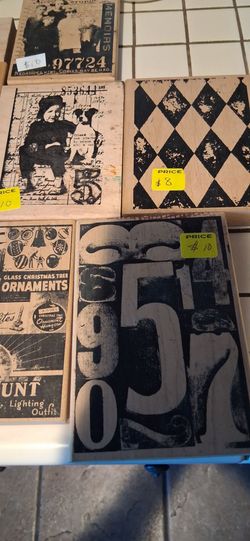 Tim Holtz wood rubber stamps (prices on the stamp) starting at $4