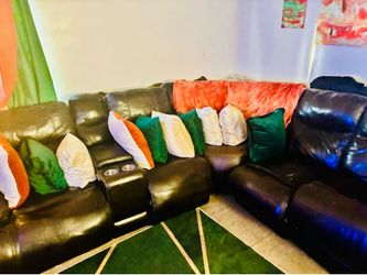 Dark Brown Faux Leather Sectional Sofa with Console