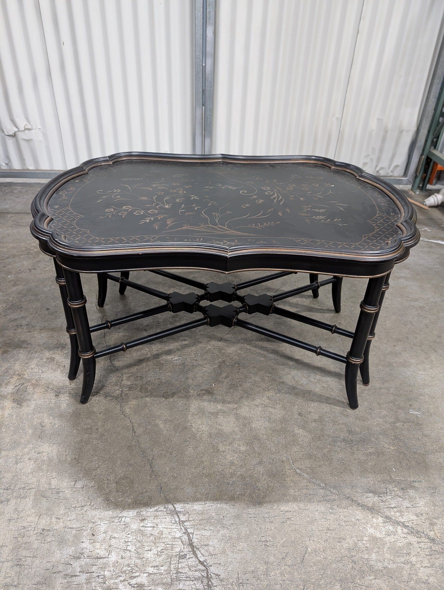 Ethan Allen Black Scalloped Coffee Table with Faux Bamboo Legs and Gold Floral Design