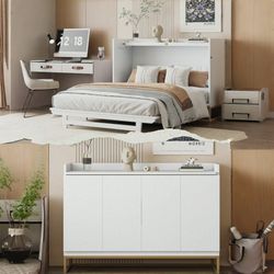 White Modern Queen Murphy Bed w/ Golden Iron Legs [NEW] *Retails for $934