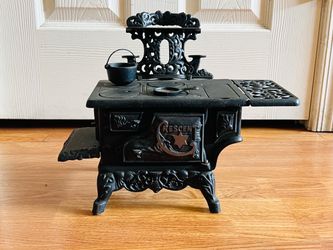 Vintage Crescent Miniature Cast Iron Stove / High Shelf and Accessories / Stamped Made in USA / 11" Tall