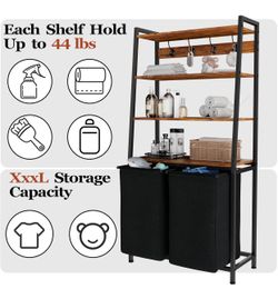 4 Tiers Laundry Hamper with Shelf and Hooks, Tall Laundry Basket Sorter with 2 Removable Bags, Double Clothes Hampers Organizers for Bathroom Bedroom