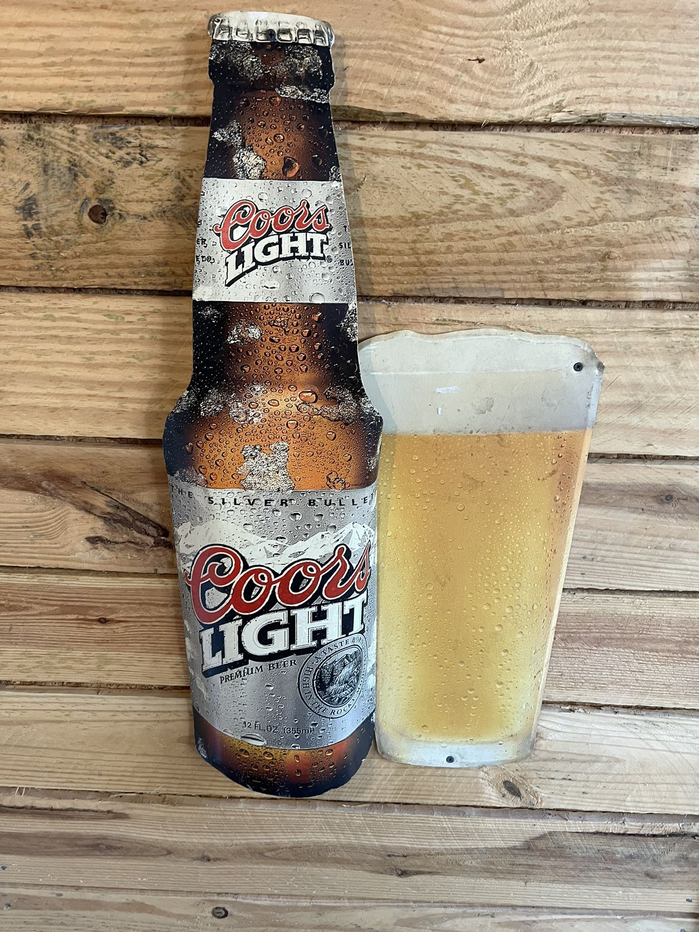 Vintage Coors Light Beer 3-D Wall Hanging Aluminum Sign Display Bottle & Glass