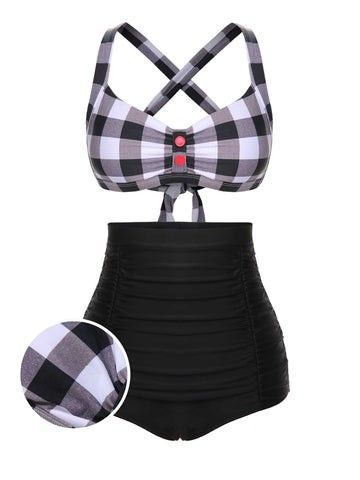 1950s Double Strap Buttoned Plaid Swimsuit / S