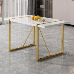 Dining Table 55" White High-Gloss Lacquered Tabletop  Metal Frame,