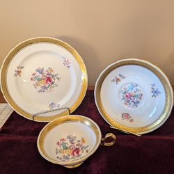 Royal Chelsea Hand Painted,Gold Trim Teacup,Saucer and Dessert Plate