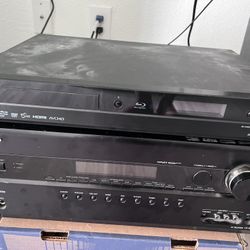 Onkyo AV Receiver with 2 Speakers And A Subwoofer And Bluray Disc Player 