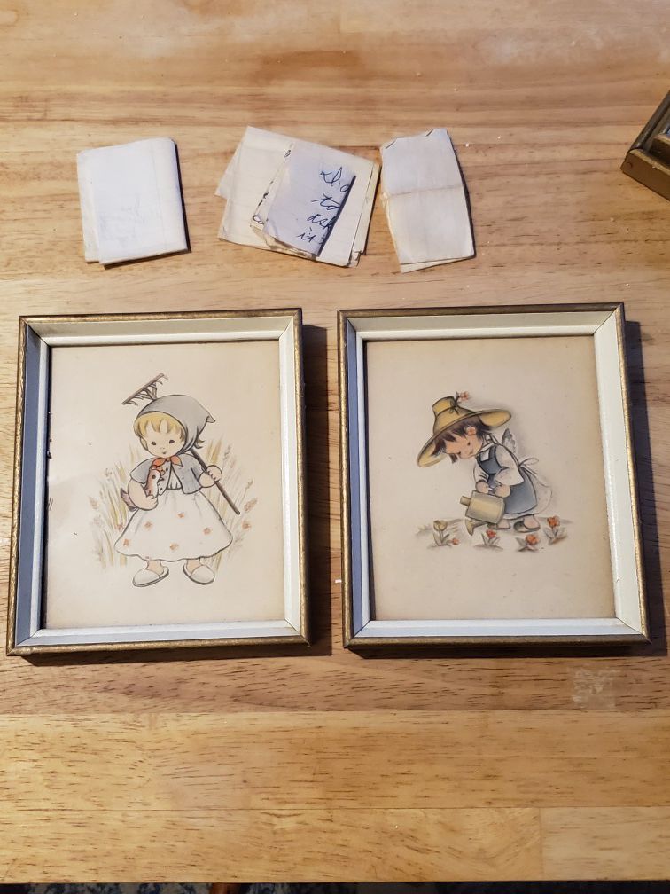 2 small antique pictures W/letters kids passed by putting them in the back of the picture (both for $14.99)