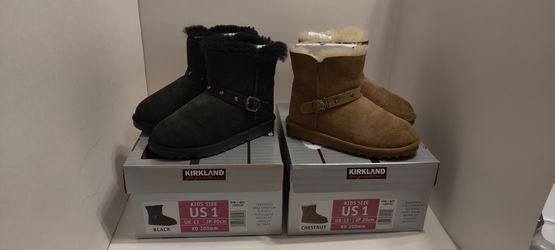 Kids Kirkland Brand Shearling Sheepskin Boots With Buckle Size 1 Black And Chestnut