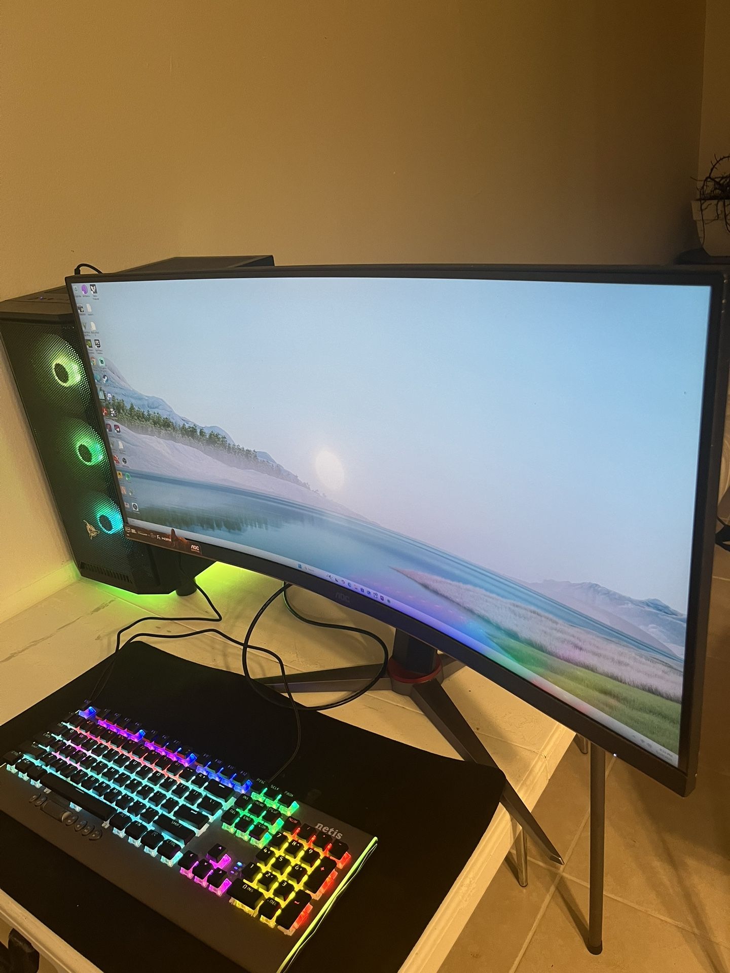 Gaming PC With Curved Monitor Keyboard And Mouse