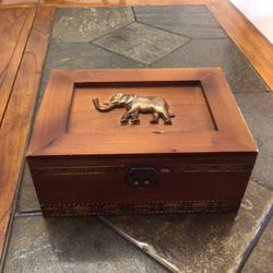Vintage Wooden Keepsake Box With A Brass Elephant Relief 