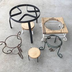 Large Lot of 6 Assorted Plant Stands Wire Metal Wood
