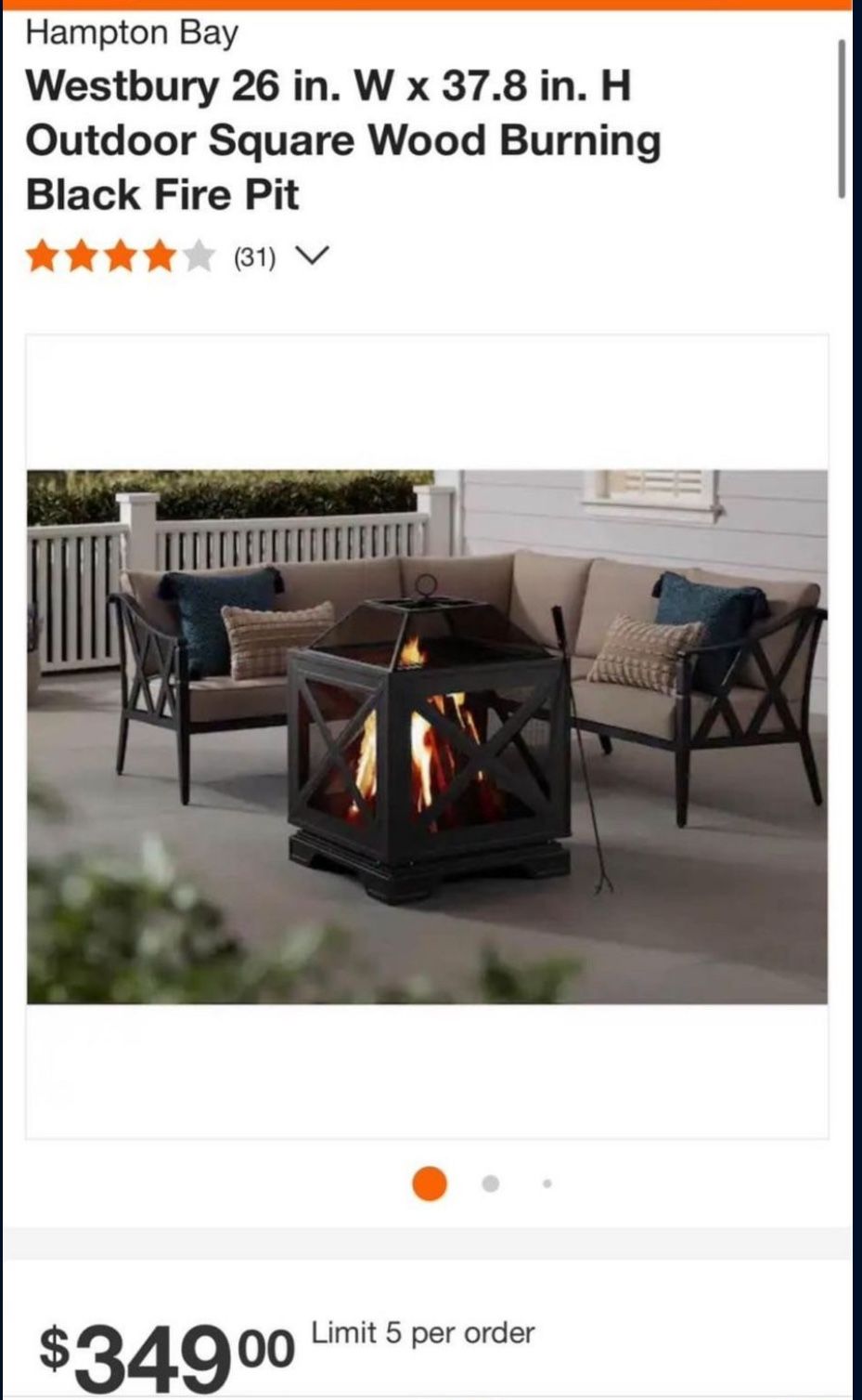 Hampton Bay Westbury 26 in. W x 37.8 in. H Outdoor Square Wood Burning Black Fire Pit  - NEW 
