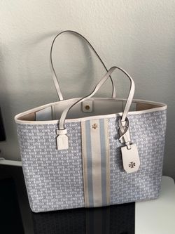 Tory Burch Gemini Link Canvas Tote Bag Blue Gray Stripe Large