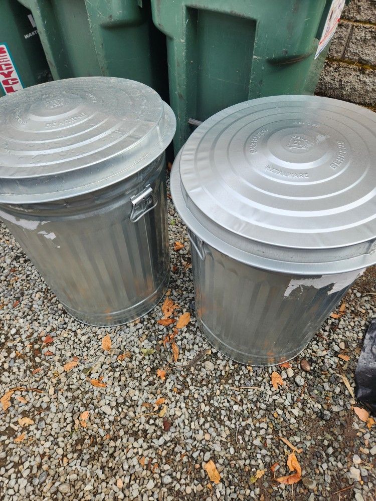 Behrens Metalworks 31 Gallon Silver/Galvanized Metal Indoor/Outdoor Kitchen Detached Lid $25 each $50 both
Two galvanized garbage cans.
