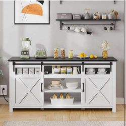 Buffet Storage Cabinet with Power Outlet, 66'' Farmhouse Sideboard Buffet Cabinet w/Sliding Barn Doors and Adjustable Shelf, Large Coffee Bar for Kitc