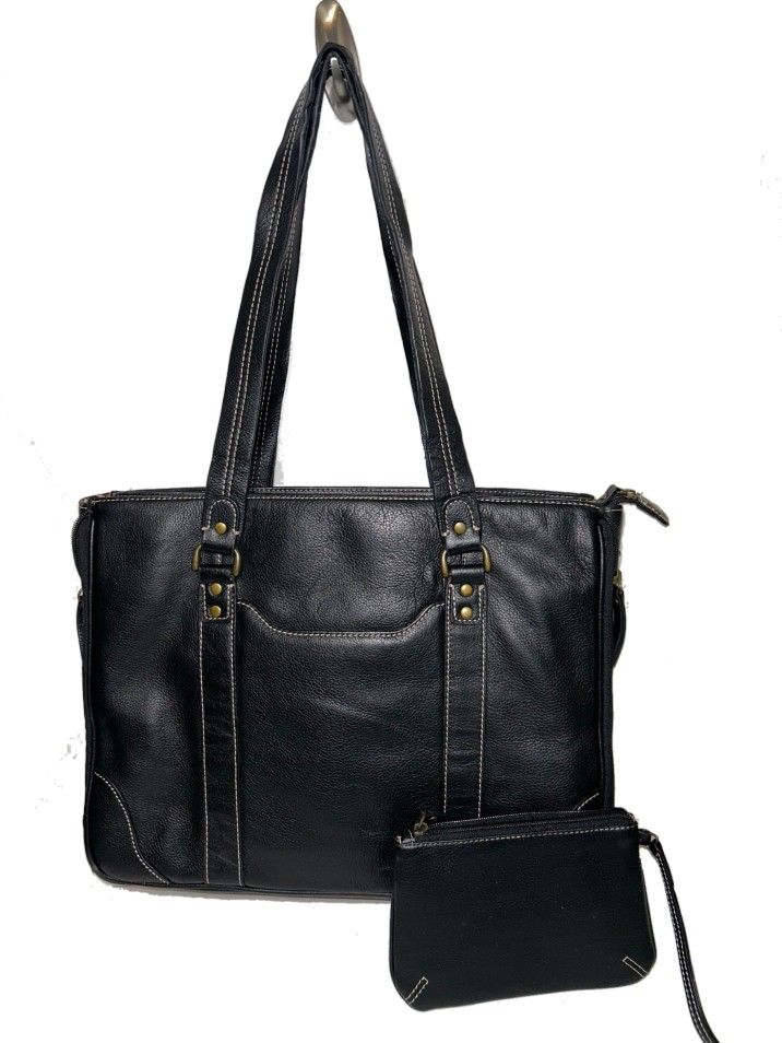 Franklin Covey Black Faux Leather 15" Briefcase Laptop Computer Tote Bag & Pouch