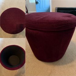 Burgundy Fabric Round Storage Ottoman with Mirrored Lid
