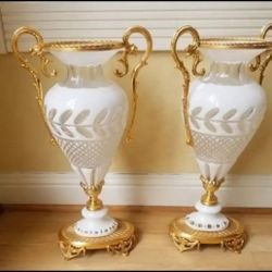 italian bronze and handcut Crystal set of 2 vases