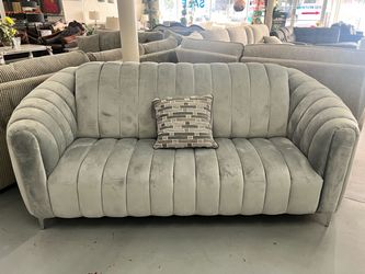 Gray Velvet Channel Tufted Sofa