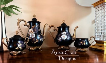 Elegant Black & Gold Hand-Painted Tea Set – 4 Piece Decorative Set with Floral Accents