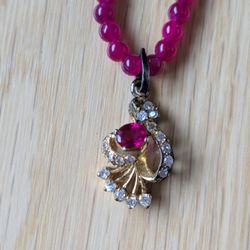 Pink Garnet, Zirconia Pendant Natural 10mm Fuchsia Jade Gemstone Beads Necklace. 18". Fine Statement Elegance