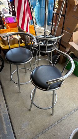 Chrome Bar Stools with Black Cushioned Seats – Set of 3