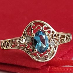 ❤️10k Size 7.75 Beautiful Solid Yellow Gold Blue Topaz and Genuine Diamonds Filigree Ring!/ Anillo de Oro con Blue Topaz y Diamantes!👌🎁Post Tags: 10