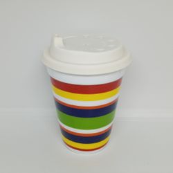 Dennis East Striped Ceramic Travel Tumbler Coffee Tea Cup w/ Take Out Style Lid