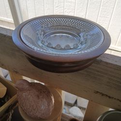 Vintage Glass Ashtray with Wood Holder 