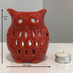 Deep Orange Fire Glazed Clay Owl Candleholder with New White Tea Light Candle 