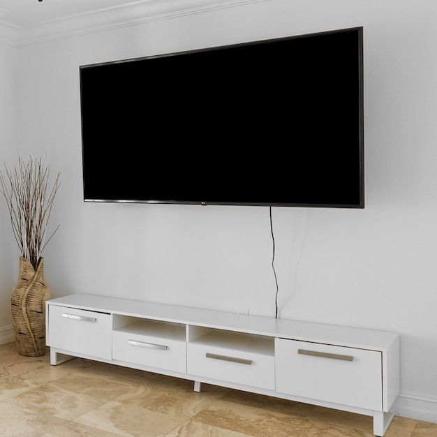 LG 75” Flat Screen TV + Wall Mount + White Media Console