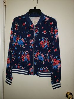 Navy Bomber Jacket with Floral Designs