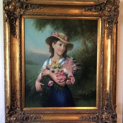 Large Gold Picture & Frame Art “Girl with Flowers”