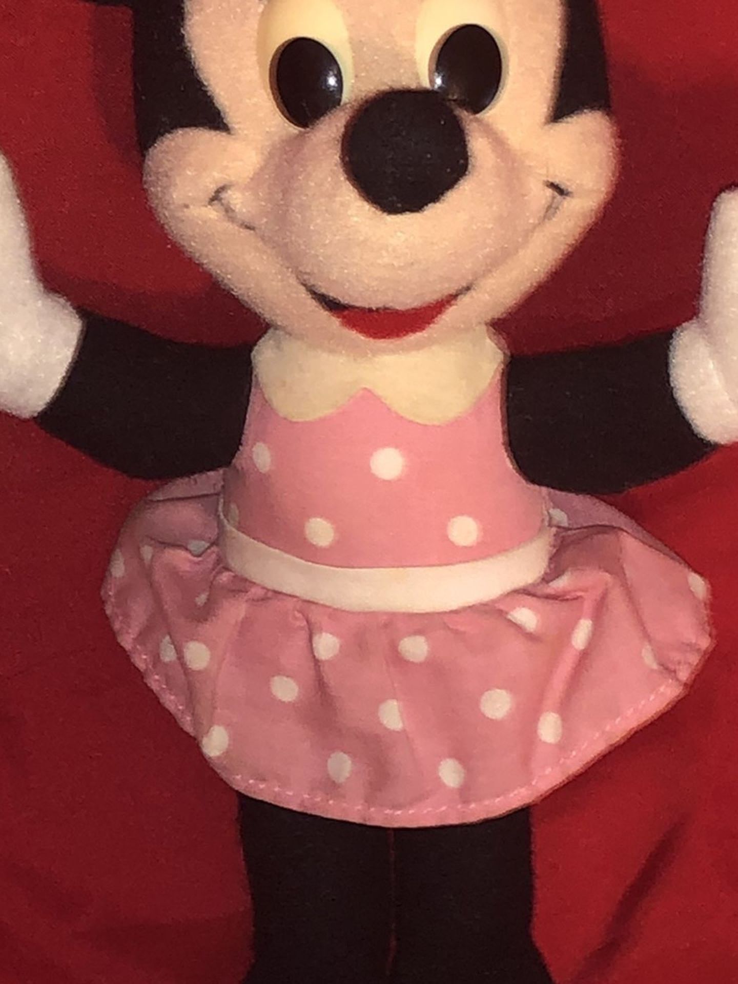 Disney Vintage Playskool Stuffed Minnie Mouse 9” Plush Stuffed Animal - Pink Dress Blue Bow 1989 Doll