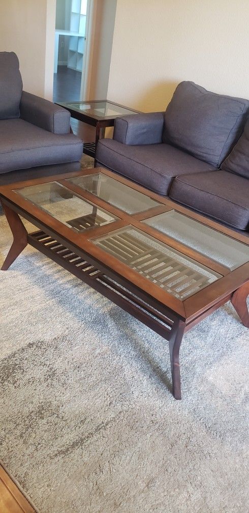 Two Glass Top End Tables, One Glass Top Coffee Table
