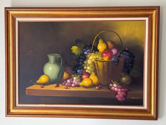 J. Remstedt Framed Still Life Fruit Basket Oil Painting
